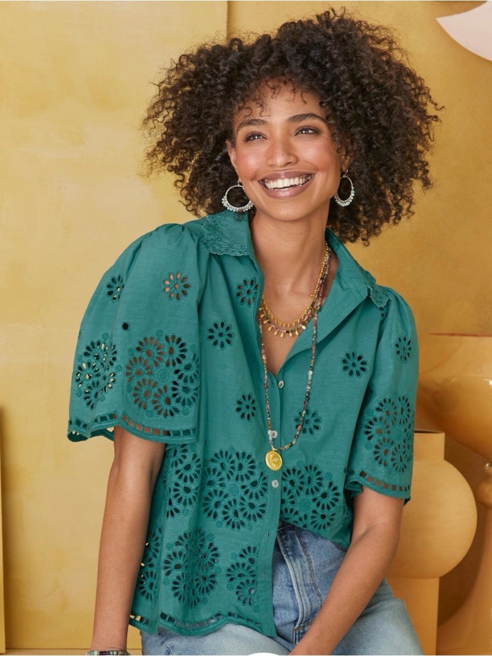 NEW Sundance Rosalie Eyelet Top Blouse Teal Petite Large PL Boho Short Sleeves
